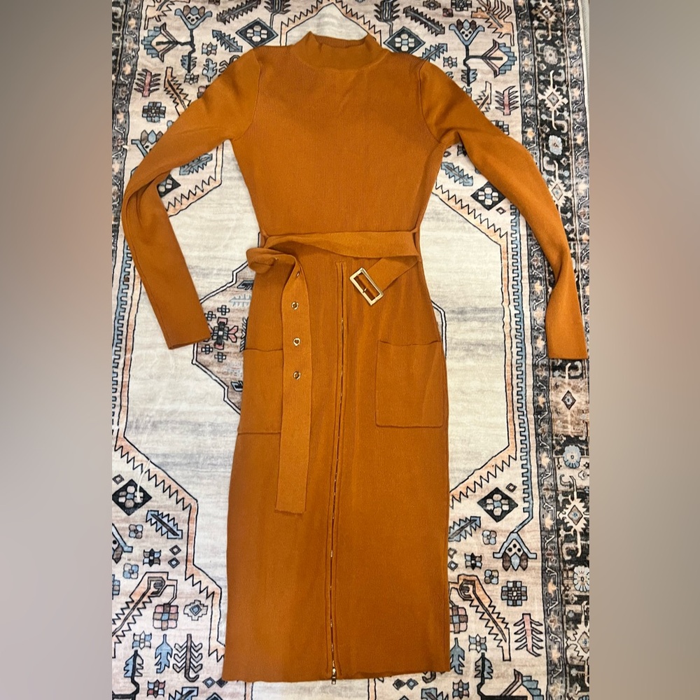 JLUXLABEL Rust Long Sleeve Belted Dress